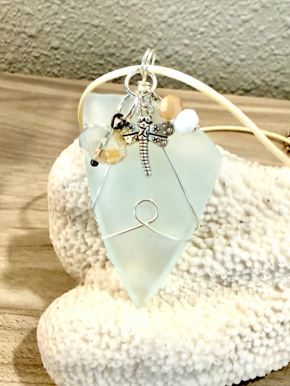 94. Handcrafted Sea Glass Pendant Necklace with Dragonfly Charm - Seafoam Green